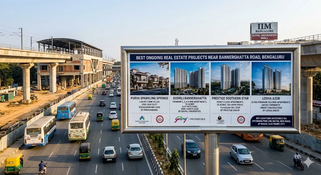 High-rise residential construction projects and premium apartment townships located along the Bannerghatta Road growth corridor in South Bangalore.